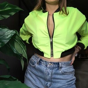 Neon Green Zip Through Crop Bomber Jacket @shein